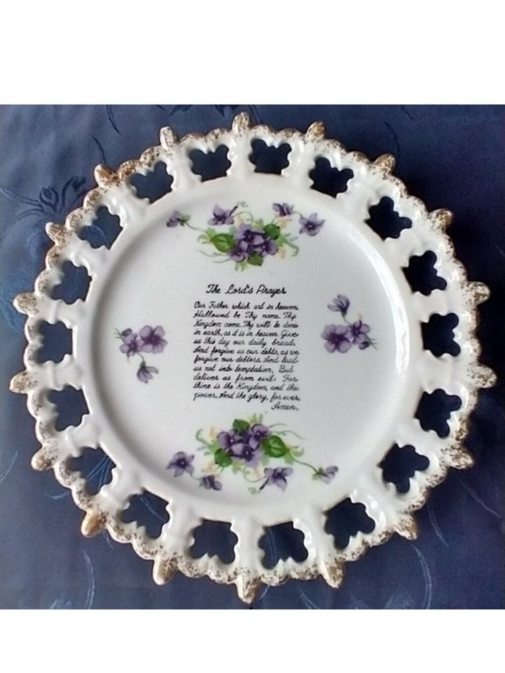 Wall Plate The Lord's Prayer Hanging Gold Trim Japan Pansy Scalloped VTG Deco
